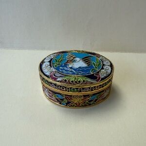 Vintage Cloisonne Pill Trinket Box Miniature Bird Swan Oval Shape